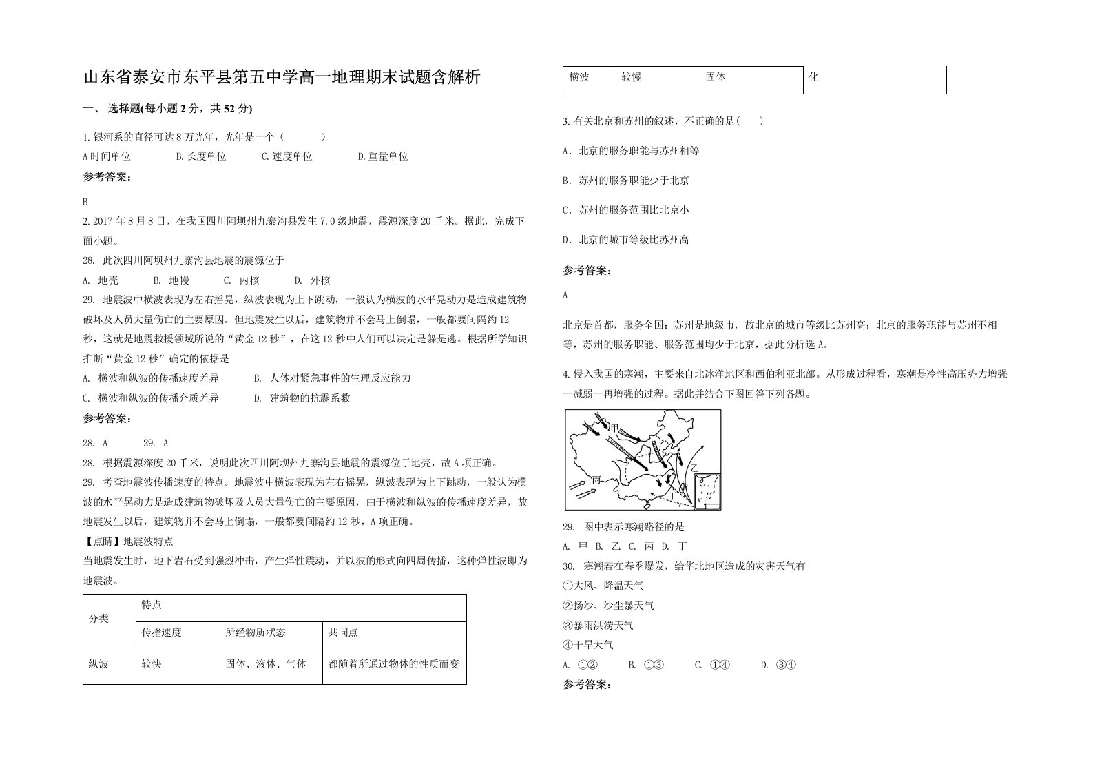 山东省泰安市东平县第五中学高一地理期末试题含解析