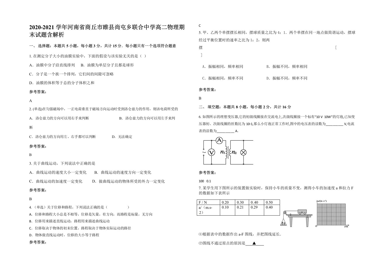 2020-2021学年河南省商丘市睢县尚屯乡联合中学高二物理期末试题含解析