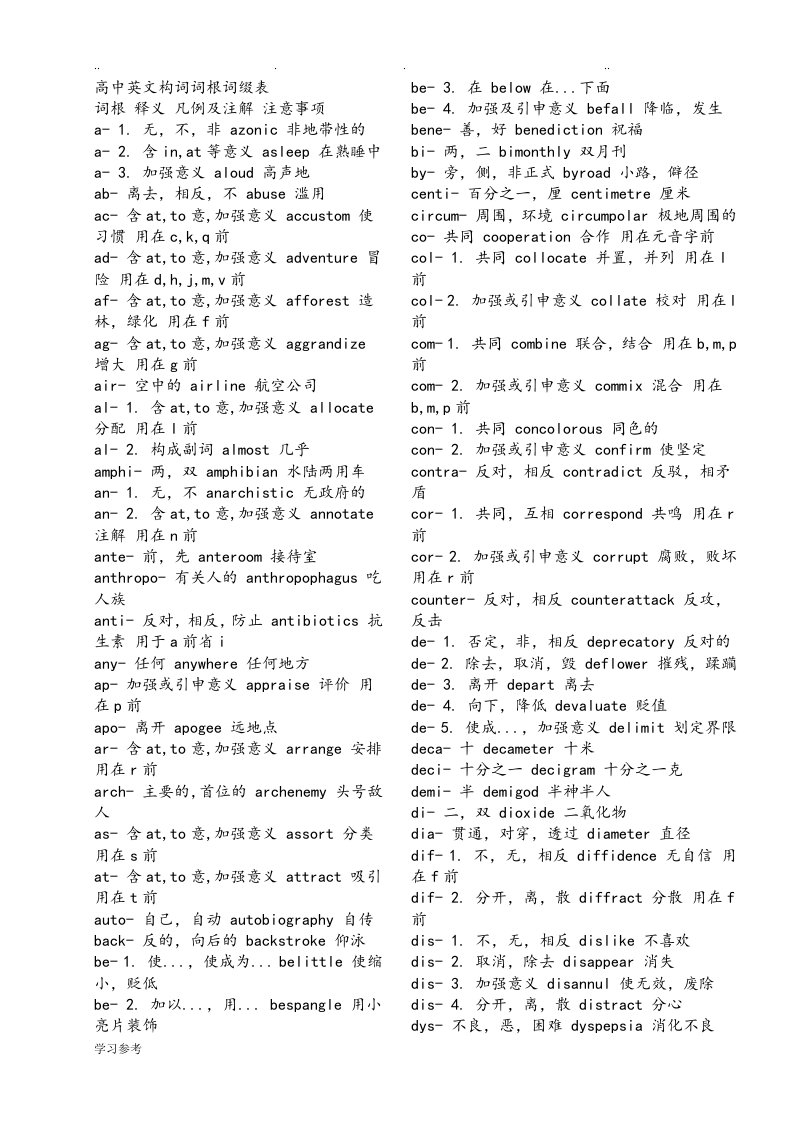 高中英语词根词缀表