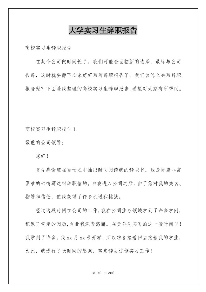 大学实习生辞职报告例文