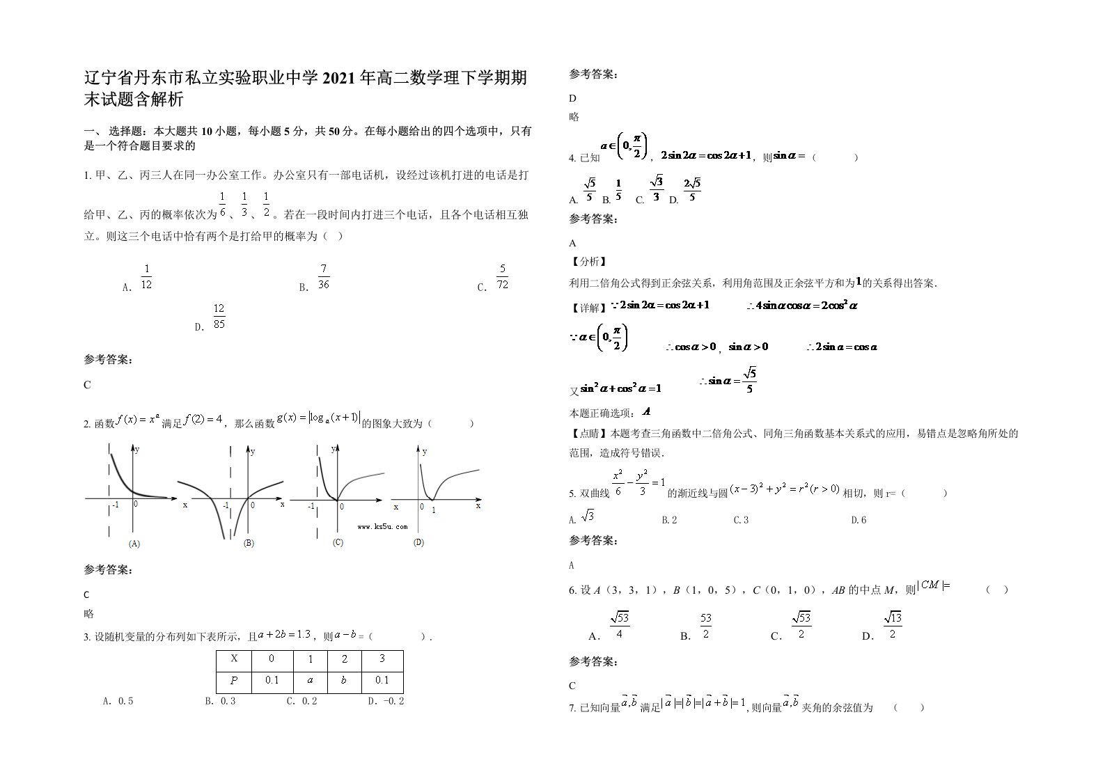 辽宁省丹东市私立实验职业中学2021年高二数学理下学期期末试题含解析