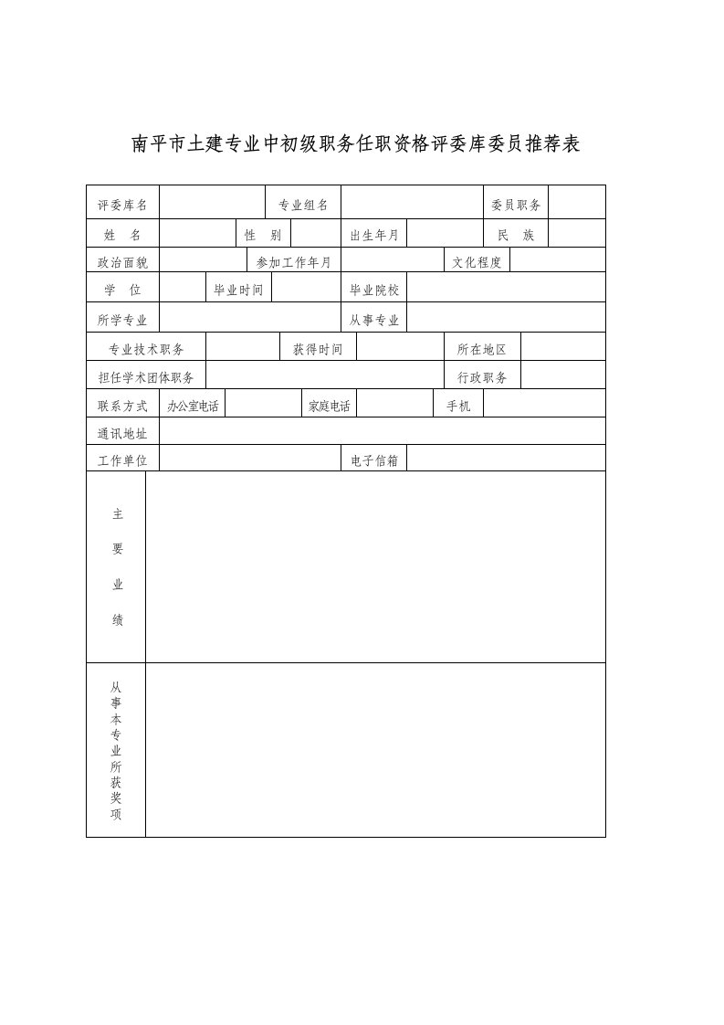 南平市土建专业中初级职务任职资格评委库委员推荐表.doc