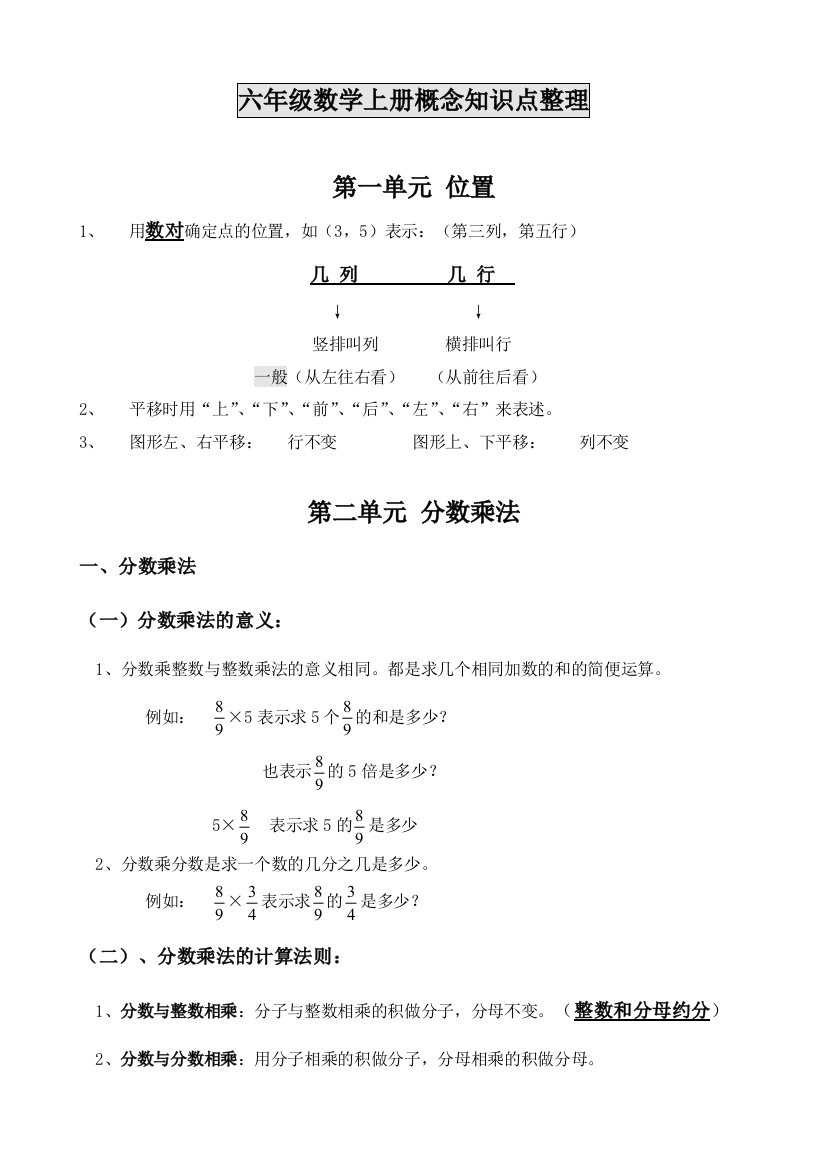 六年级数学概念知识点整理上册