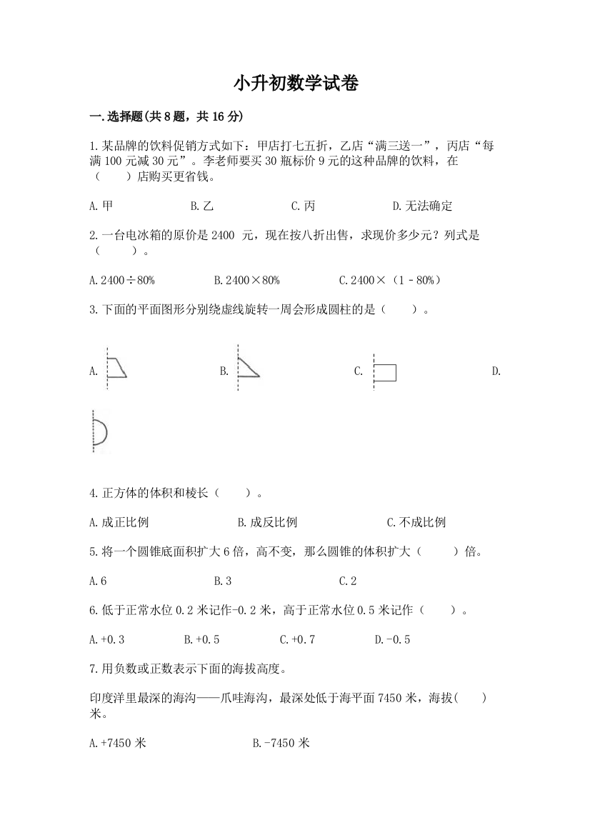 小升初数学试卷（易错题）