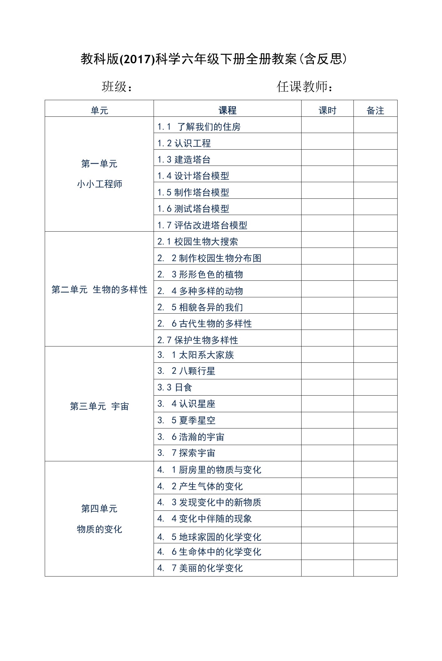 新教科版科学六年级下册全册教案（含反思）