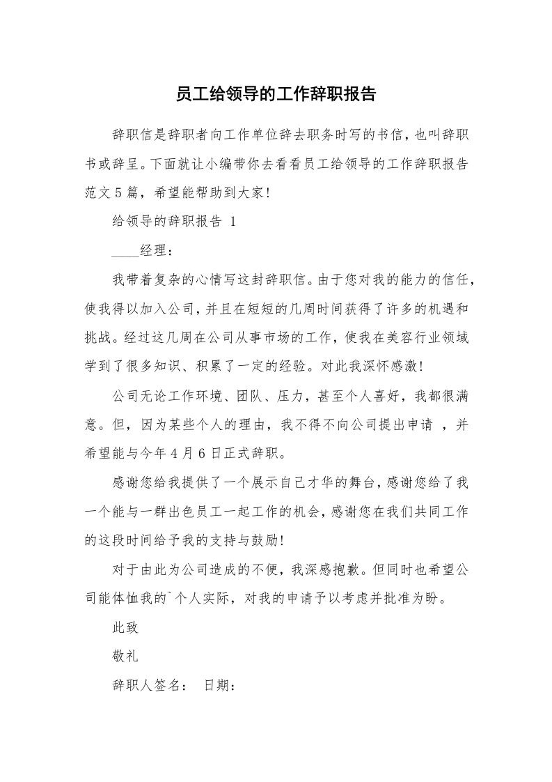 个人报告_员工给领导的工作辞职报告