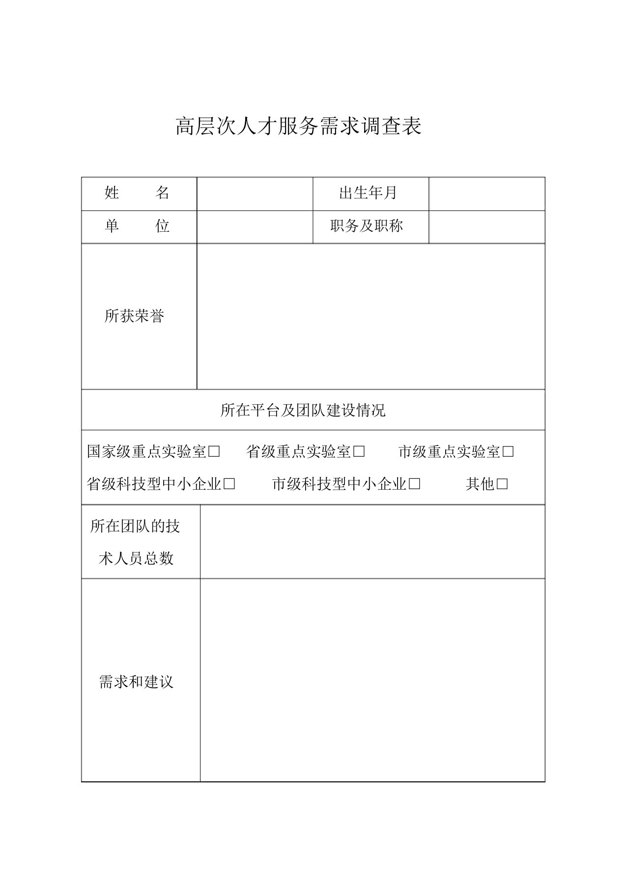 高层次人才服务需求调查表