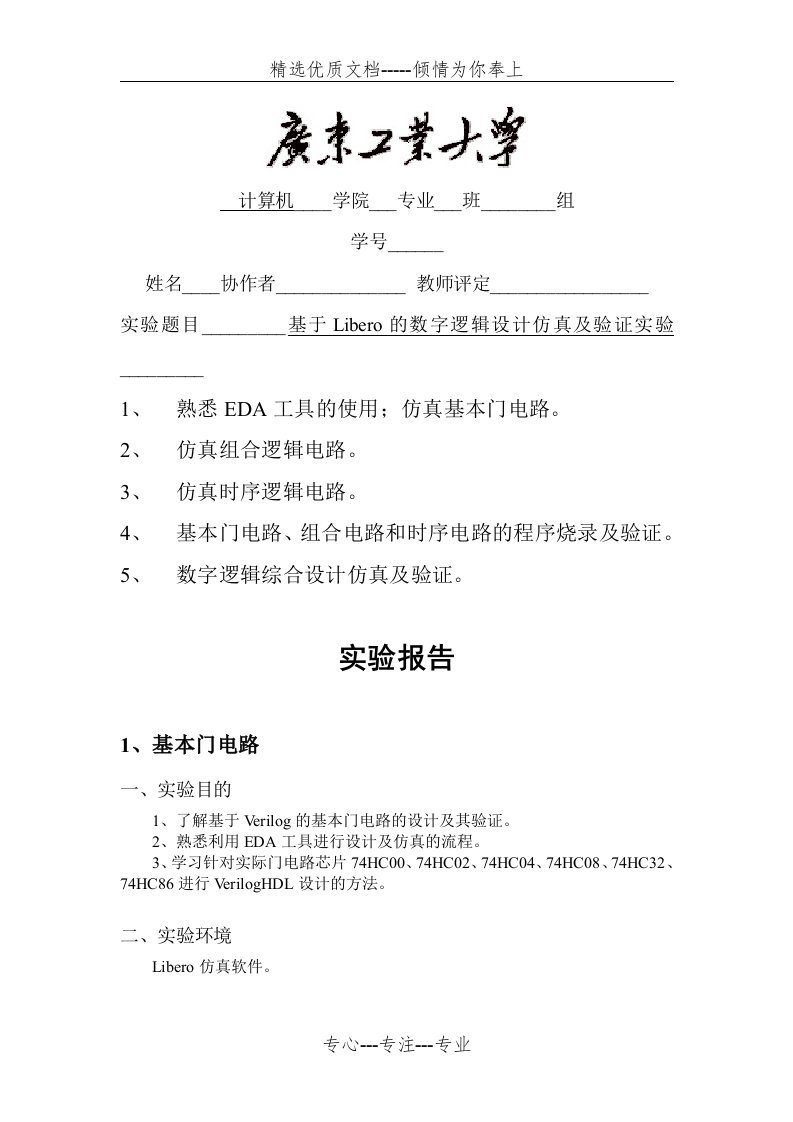 基于libero的数字逻辑设计仿真及验证实验(共49页)