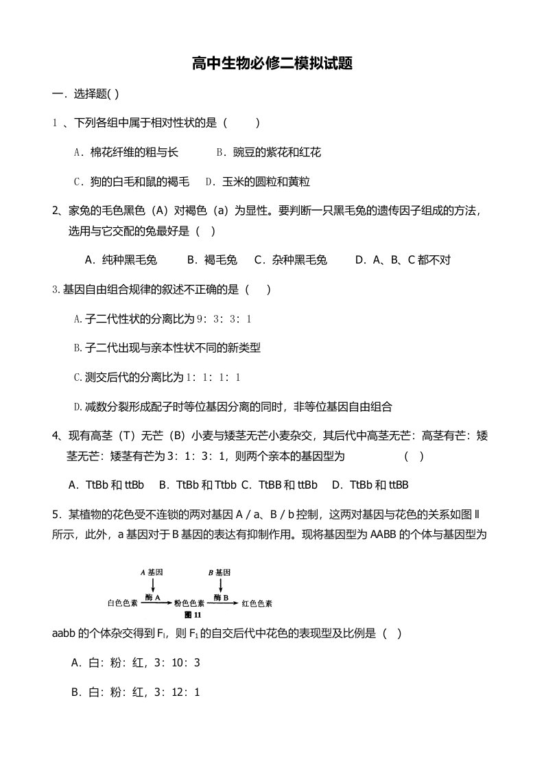 高中生物必修二基础训练题