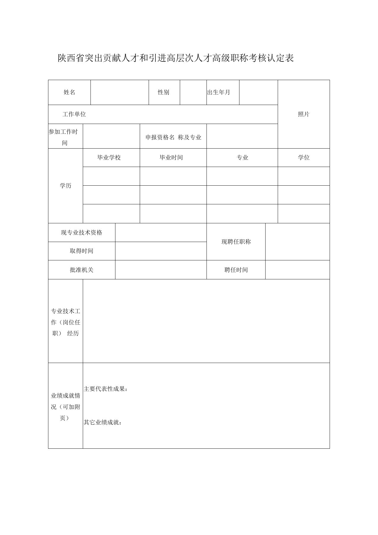 陕西省突出贡献人才和引进高层次人才高级职称考核认定表