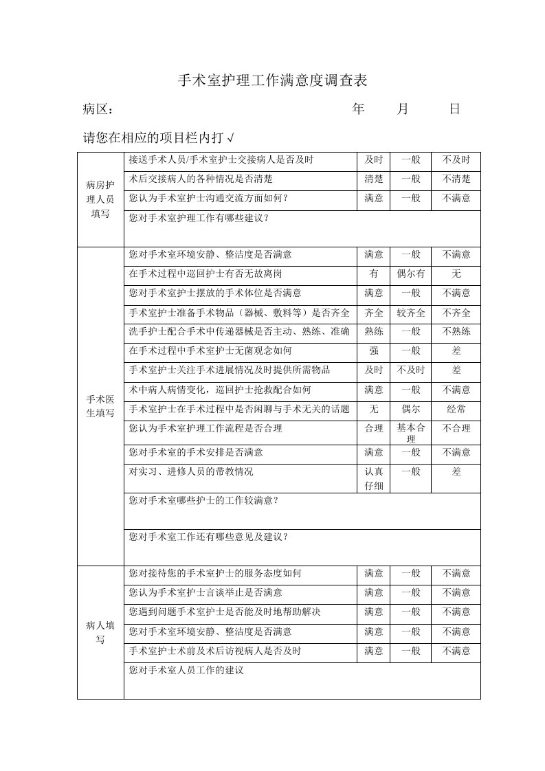 手术室护士工作满意度调查表