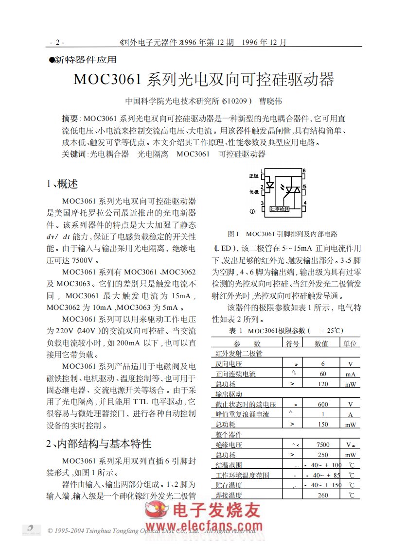 MOC3061双向可控硅驱动IC