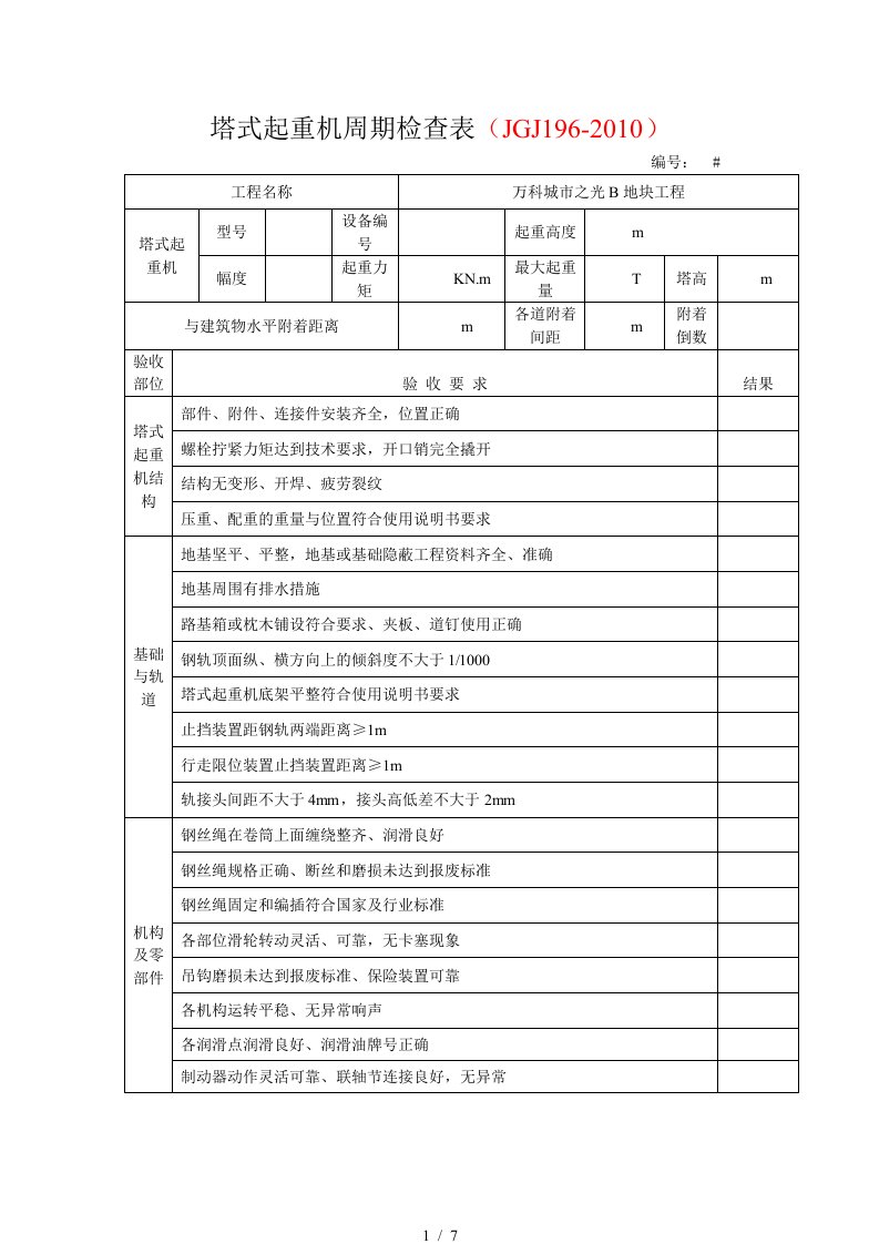 塔式起重机周期检查表(jgj196-2010)