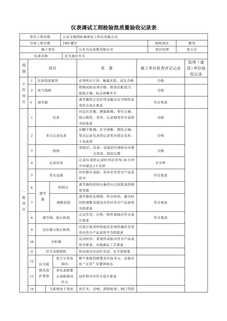 仪表调试安装工程检验批质量验收记录表