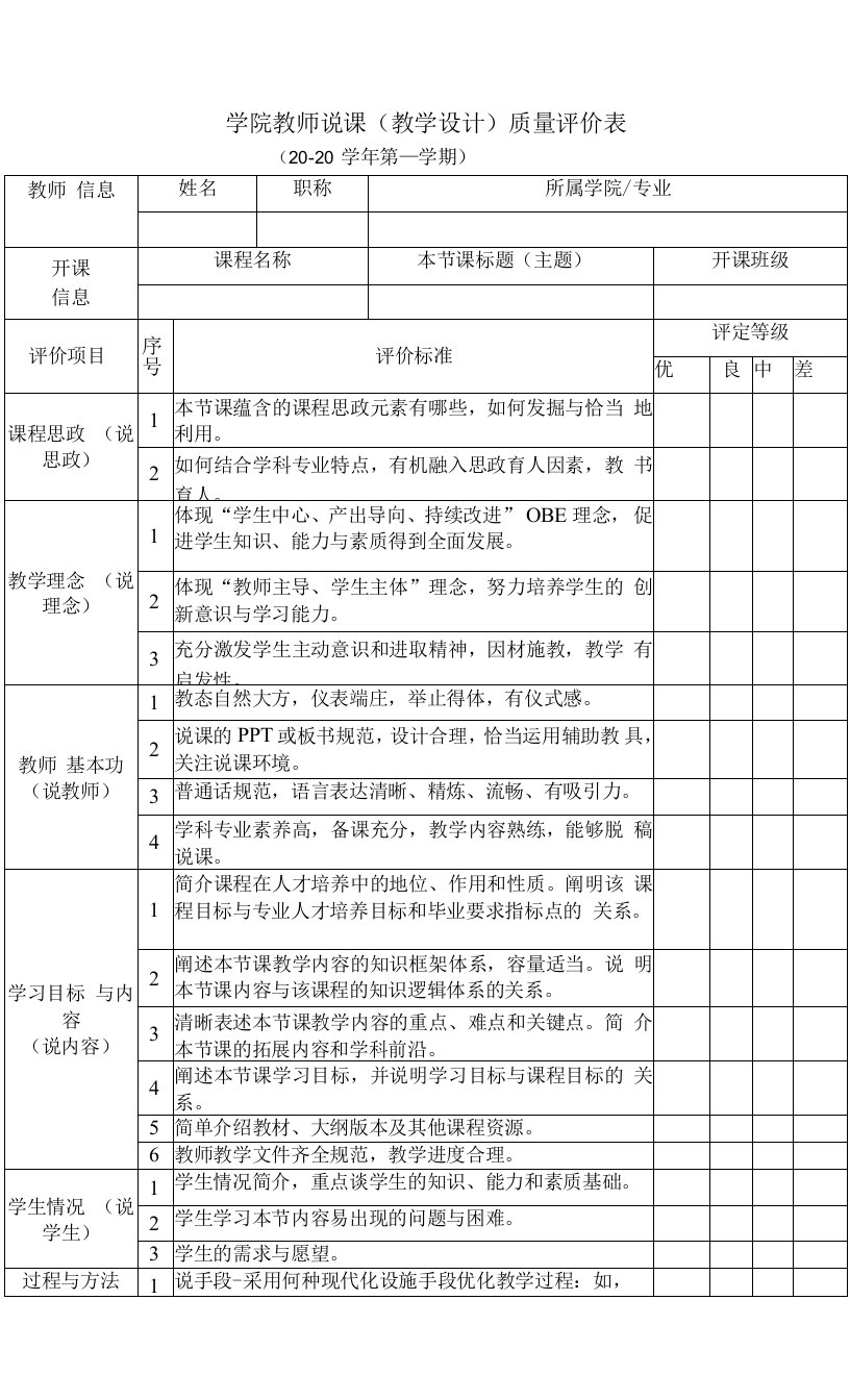 学院教师说课（教学设计）质量评价表