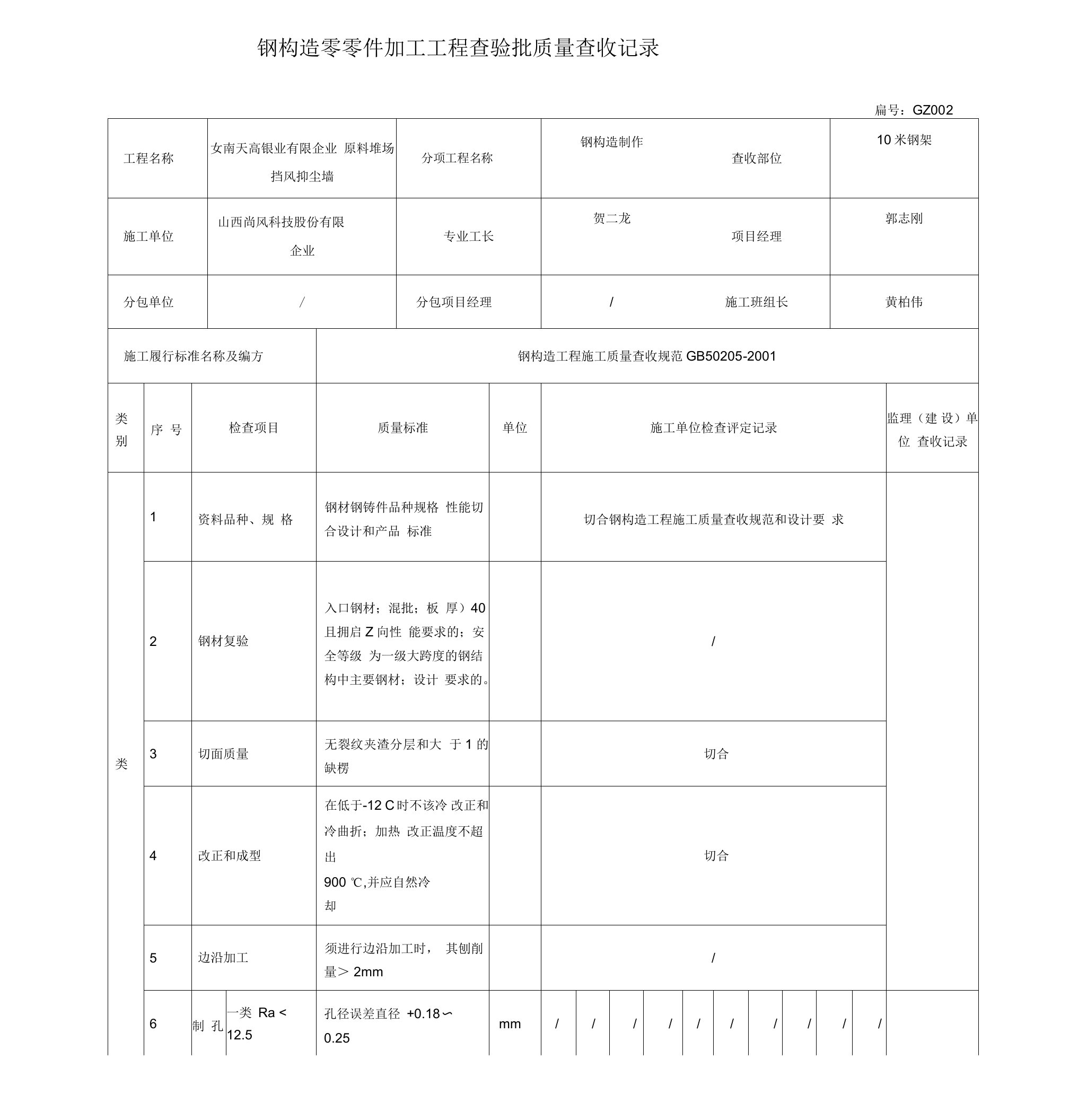 钢结构零部件加工工程检验批质量验收记录