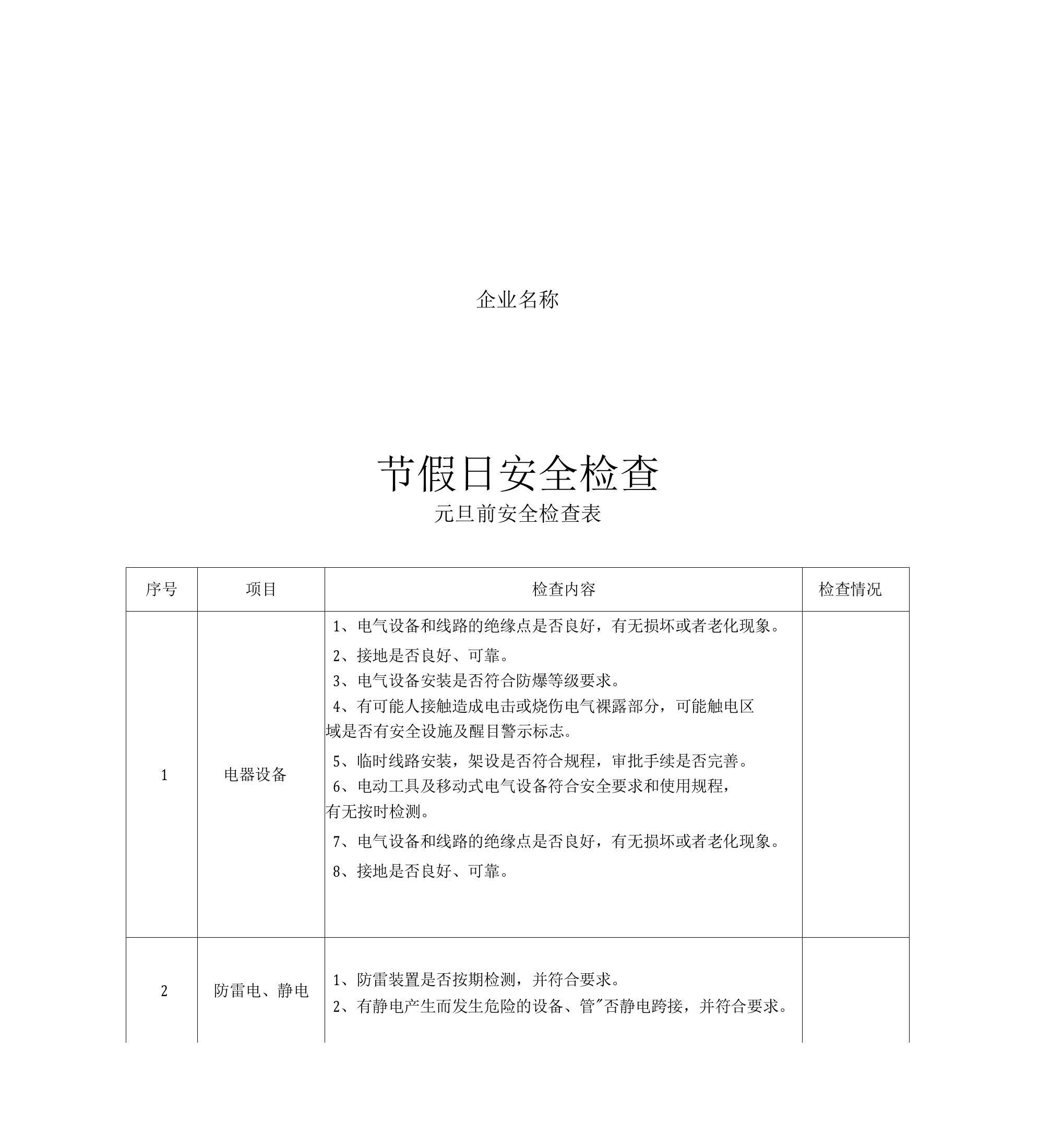 公司节假日前安全检查表说课讲解