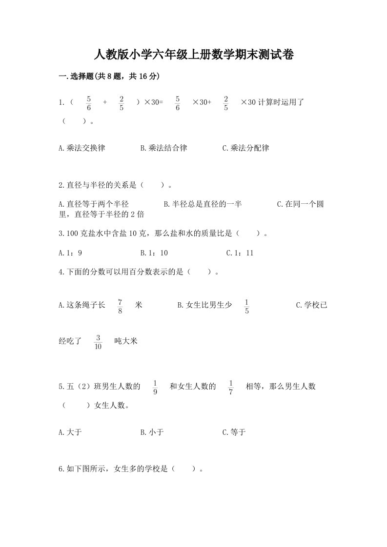 人教版小学六年级上册数学期末测试卷（历年真题）