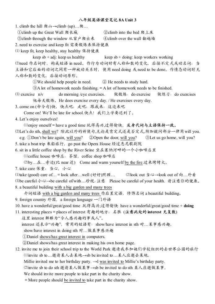 八年级上册英语苏教版八年级8AU3知识点整理