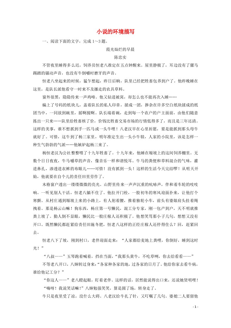 2022届高考语文一轮复习第3板块现代文阅读专题3考点2小说的环境描写检测含解析