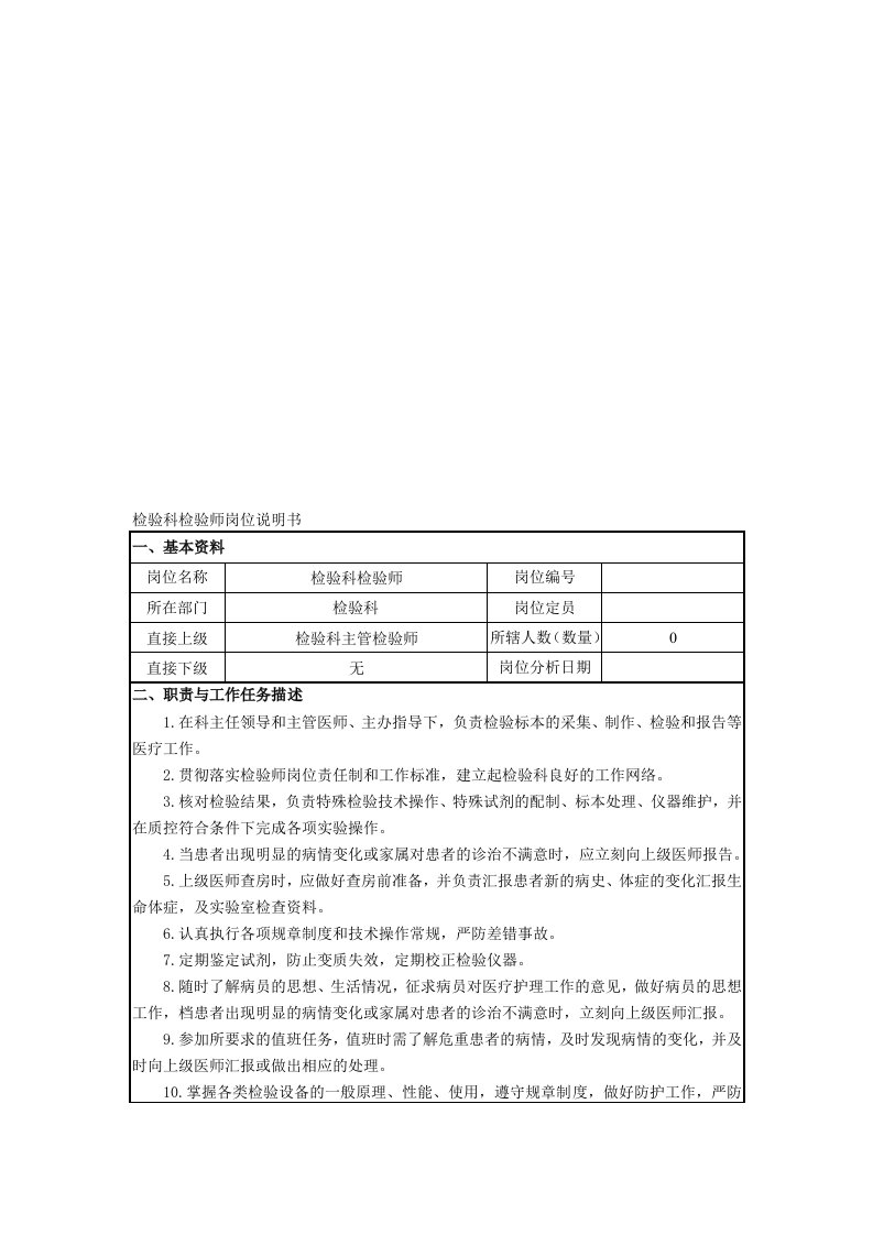 检验科检验师岗位说明书