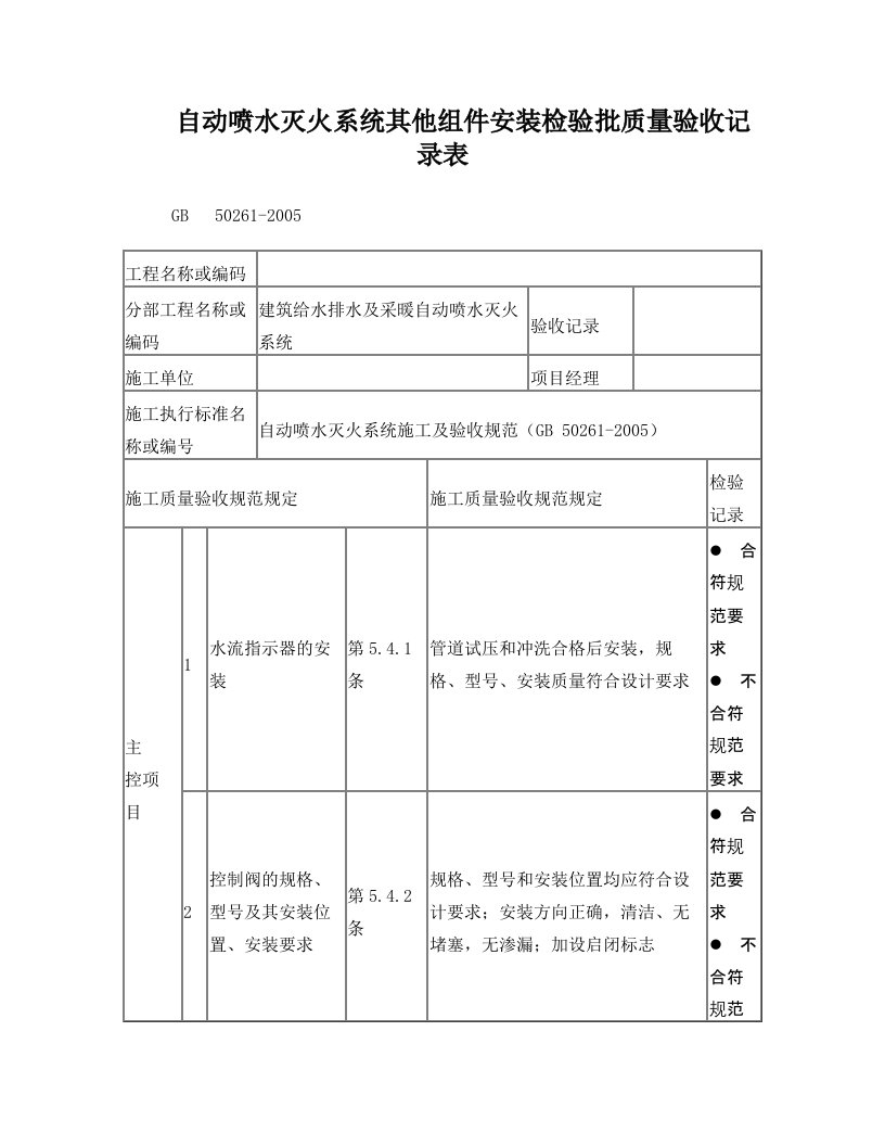 自动喷水灭火系统其他组件安装检验批质量验收记录表