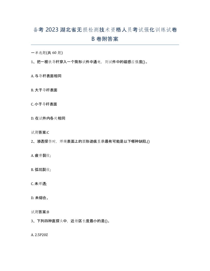 备考2023湖北省无损检测技术资格人员考试强化训练试卷B卷附答案