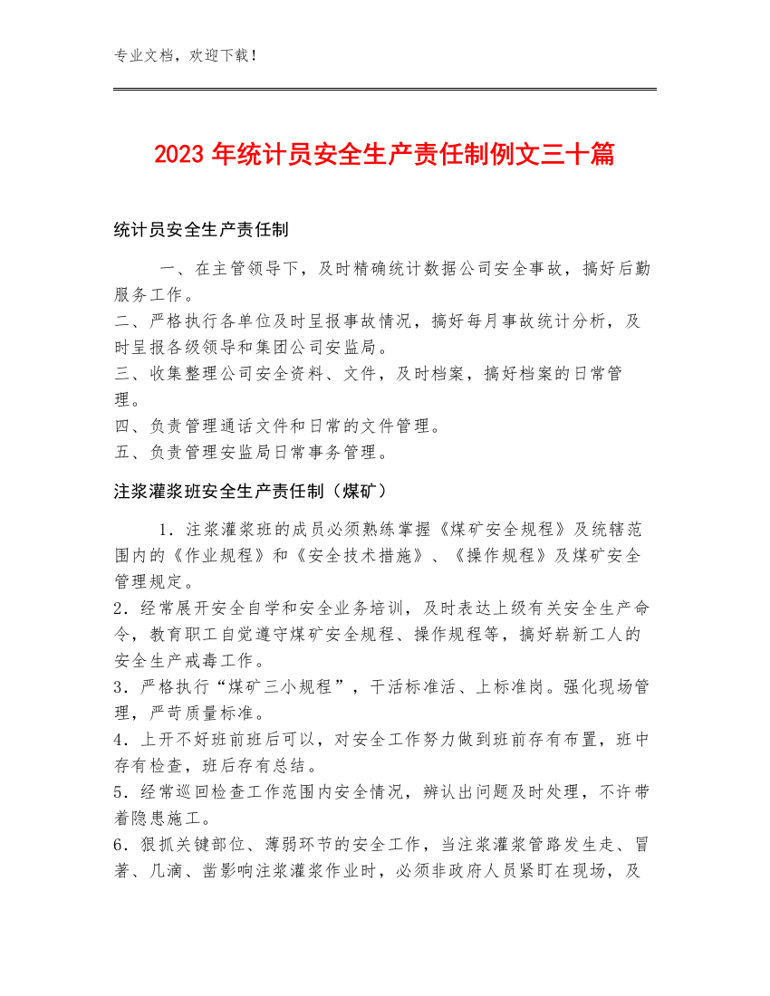 2023年统计员安全生产责任制例文三十篇