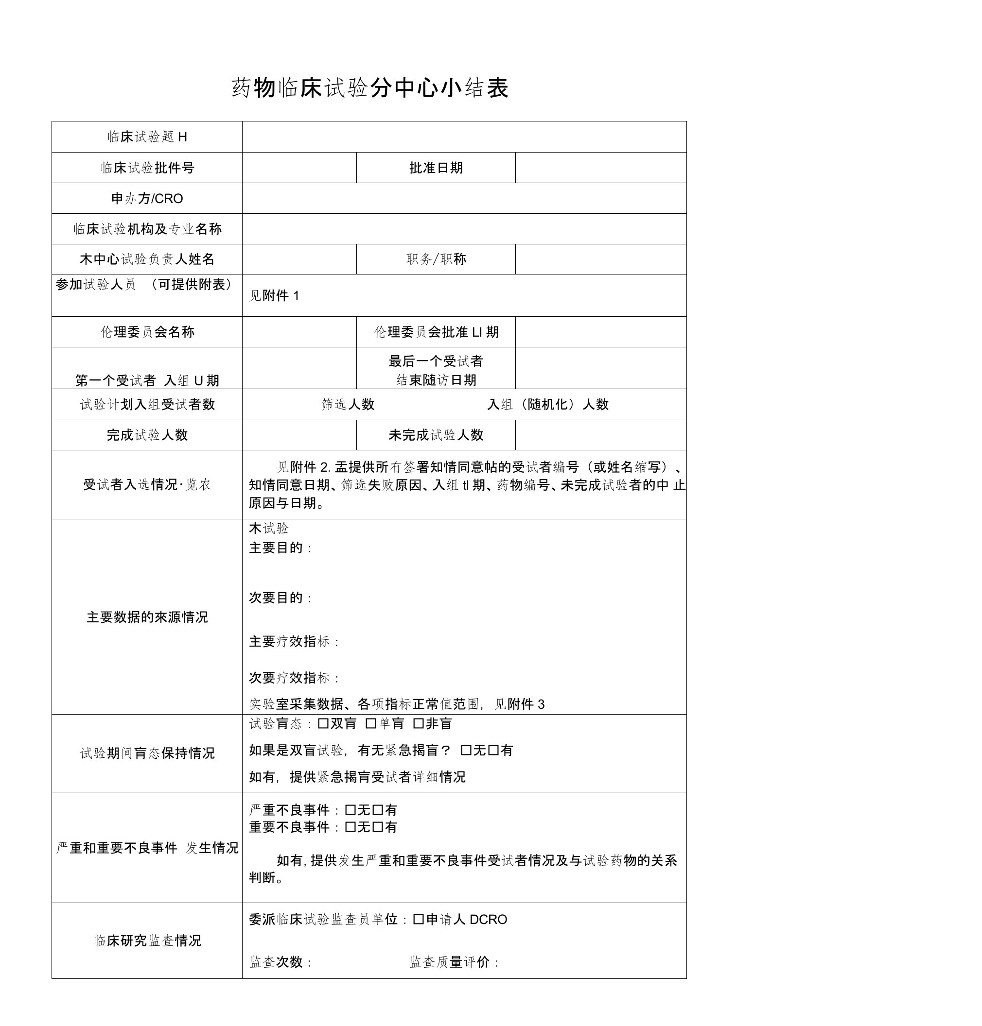 药物临床试验分中心小结表