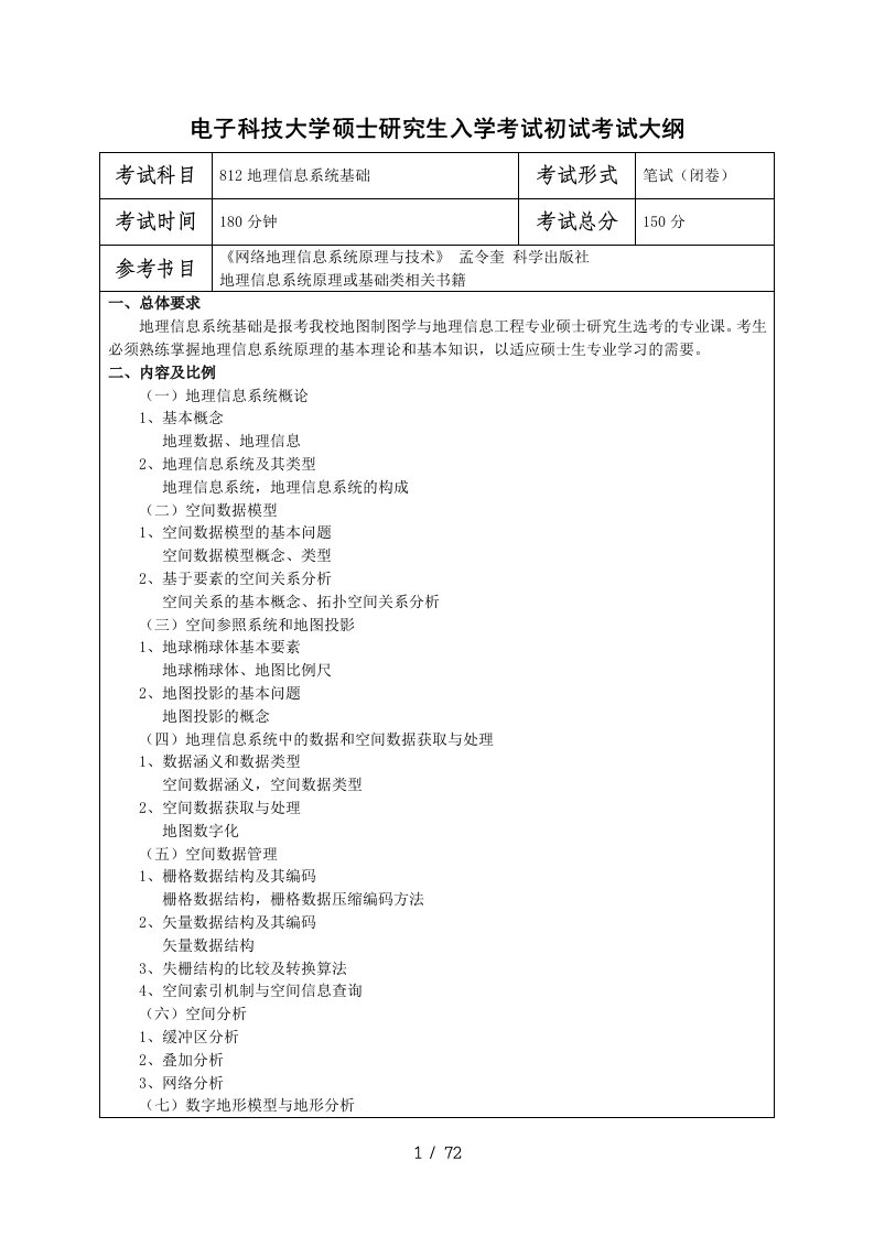 电子科技大学硕士考试大纲