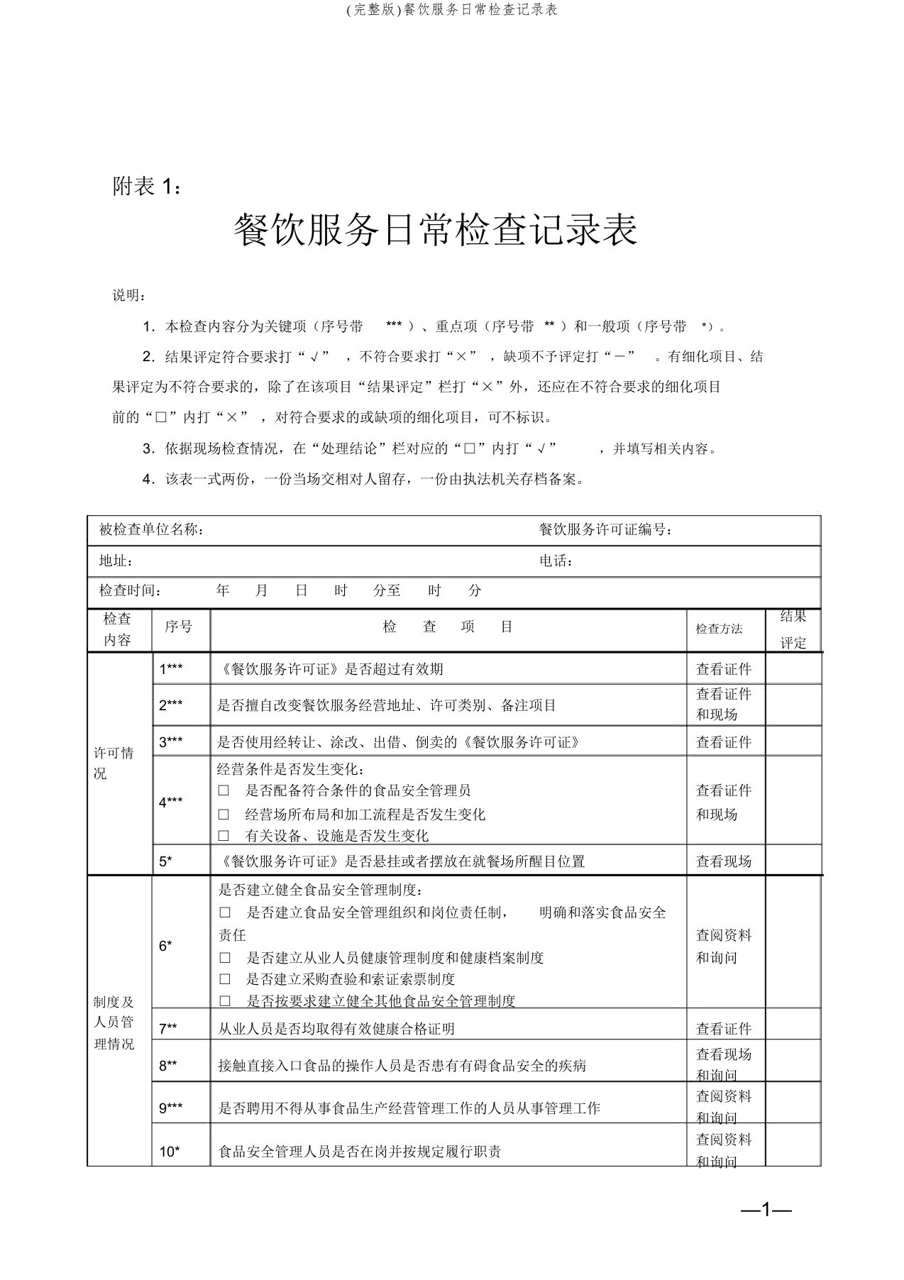 (完整版)餐饮服务日常检查记录表