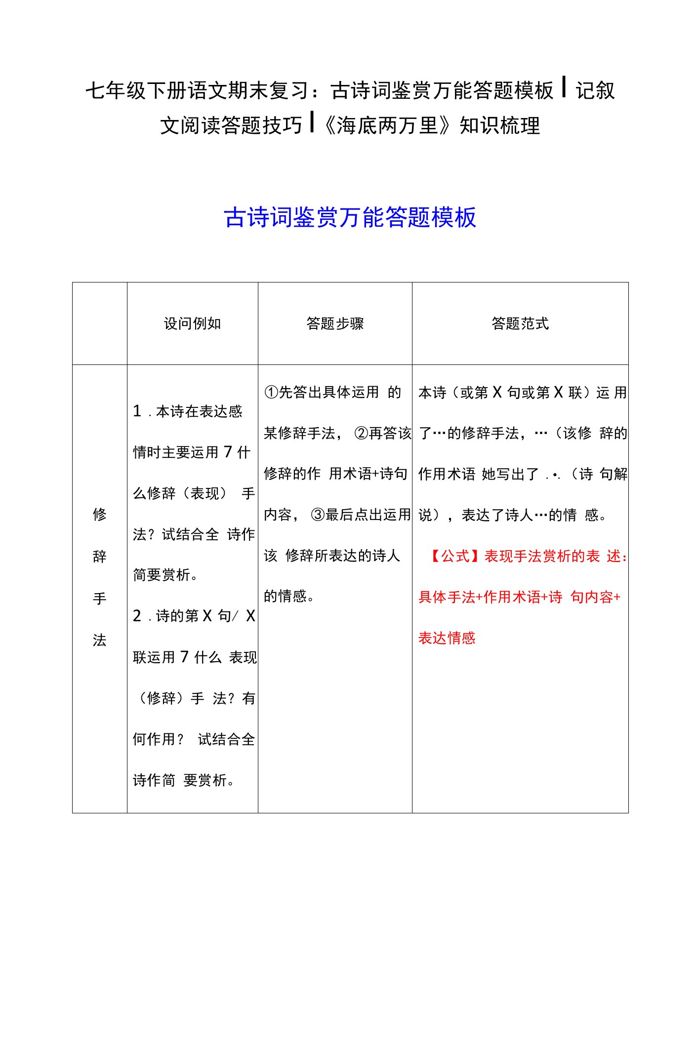 七年级下册语文期末复习：古诗词鉴赏万能答题模板｜记叙文阅读答题技巧｜《海底两万里》知识梳理