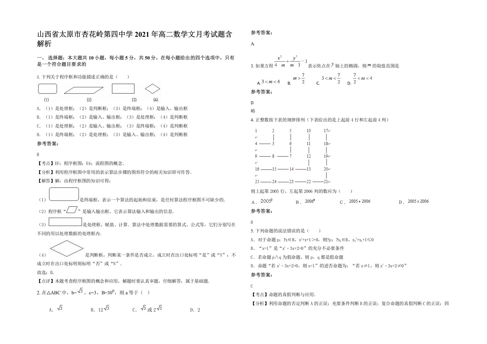 山西省太原市杏花岭第四中学2021年高二数学文月考试题含解析