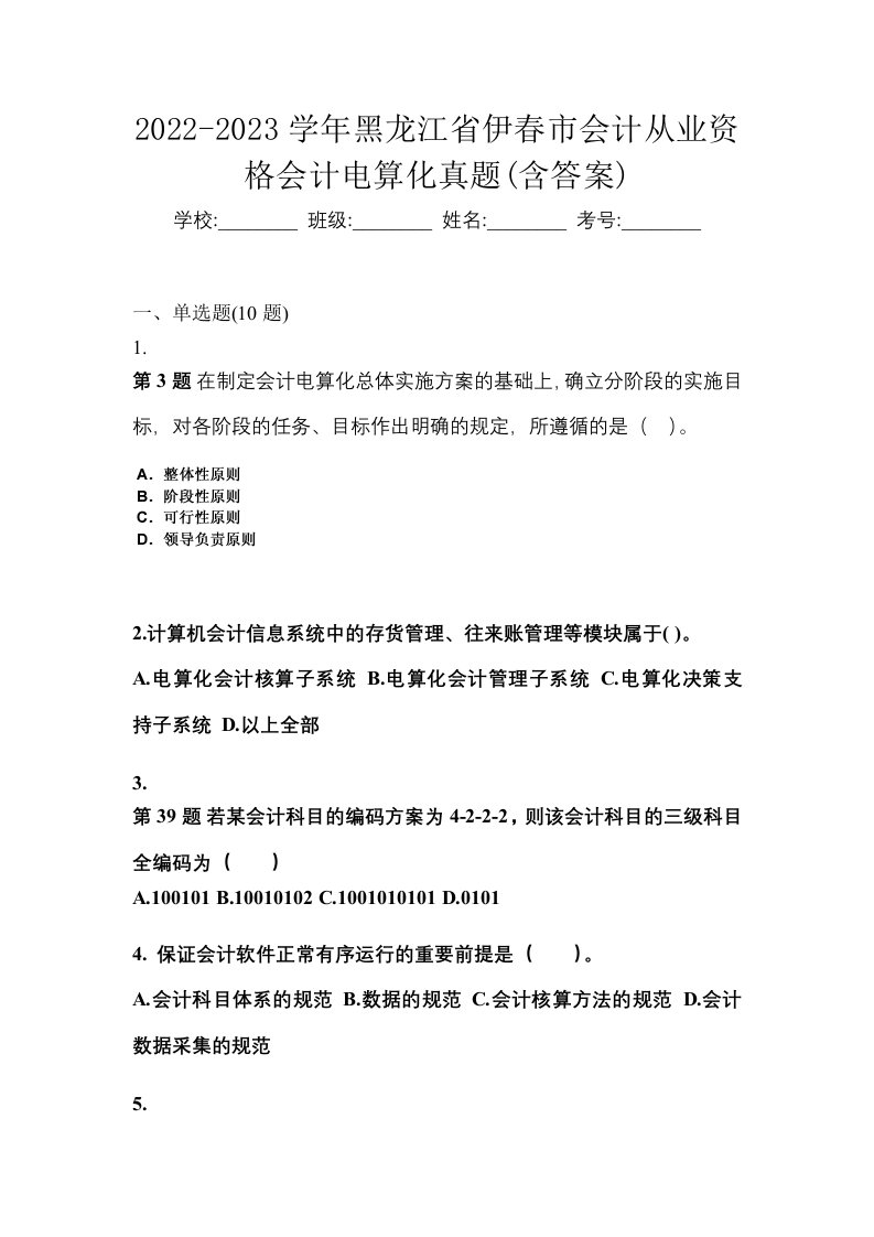 2022-2023学年黑龙江省伊春市会计从业资格会计电算化真题含答案