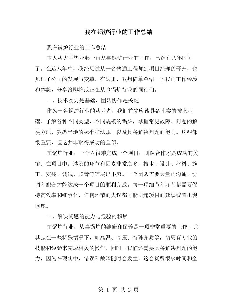 我在锅炉行业的工作总结