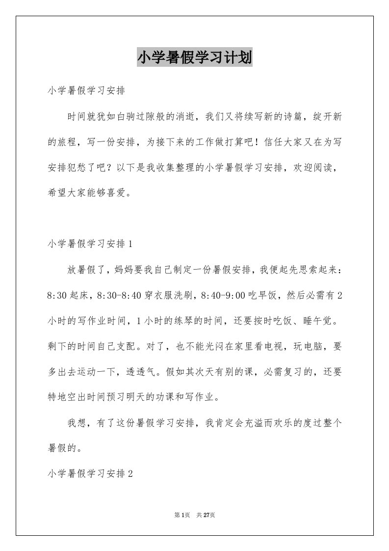 小学暑假学习计划例文