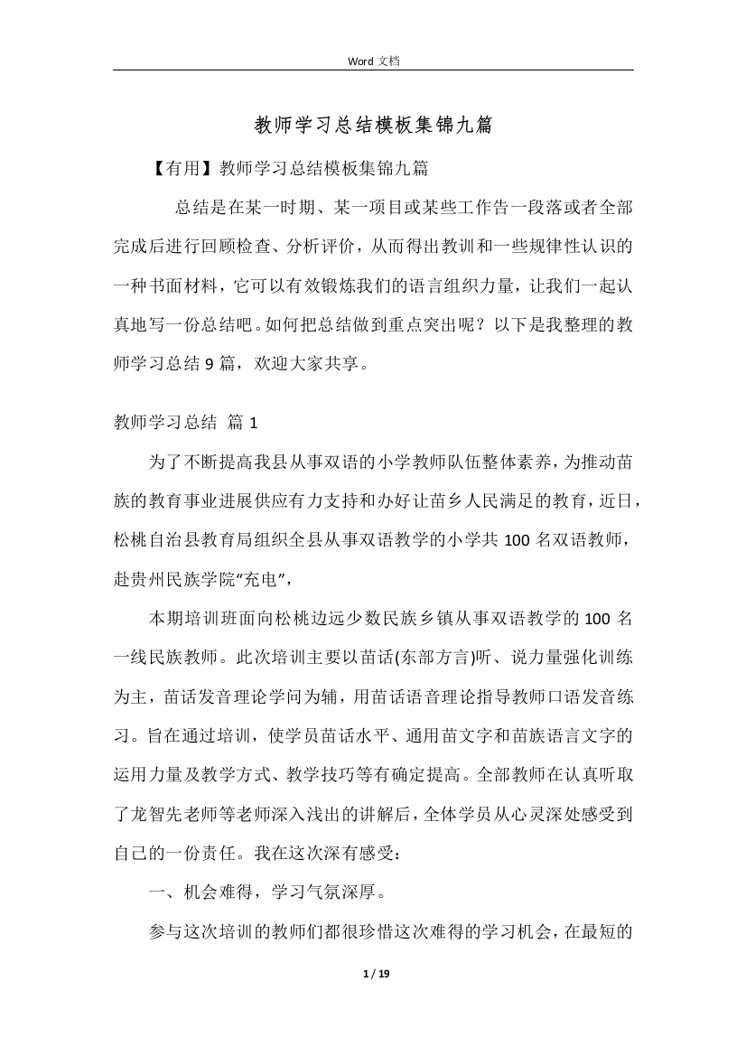 教师学习总结模板集锦九篇