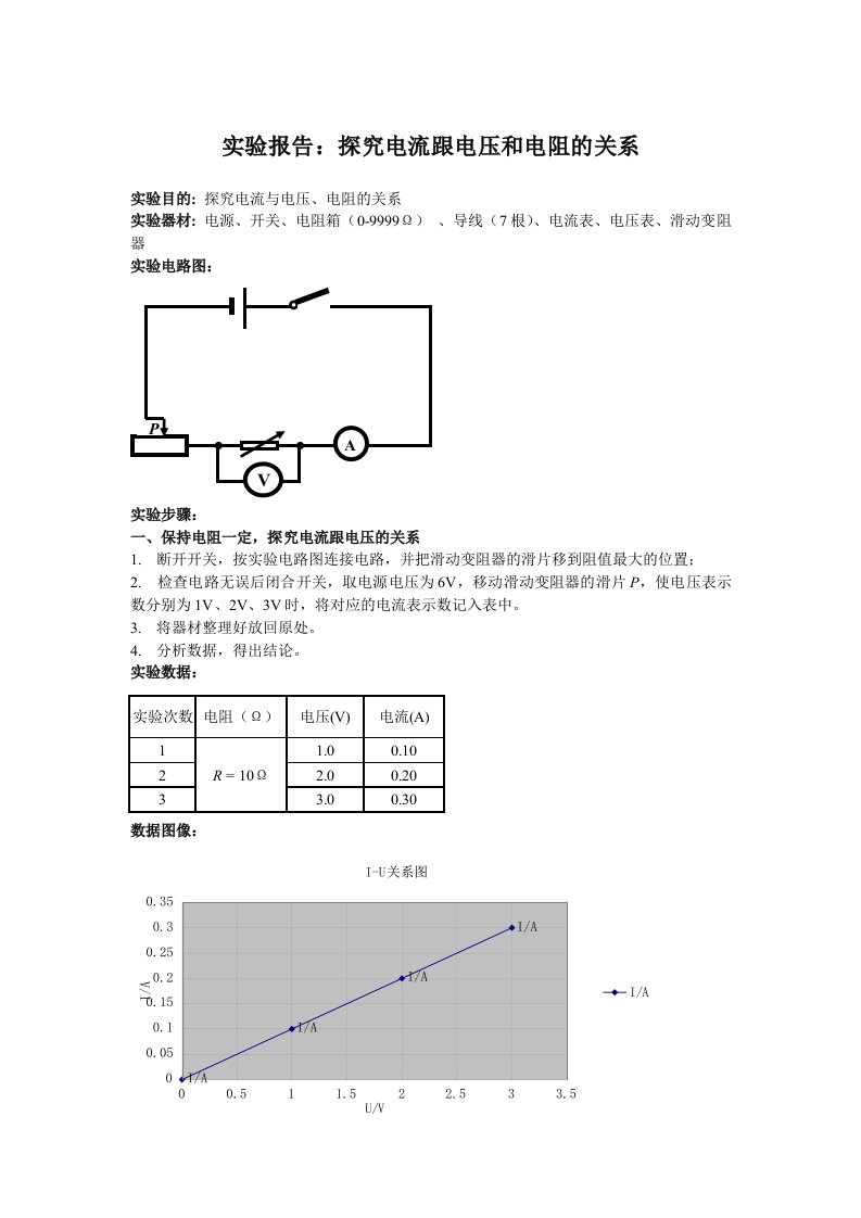 实验报告电流跟电压、电阻的关系