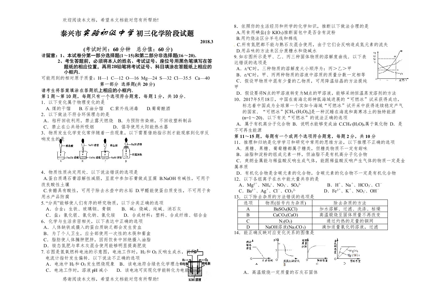 2022年3月泰兴市实验初中初三化学阶段试卷