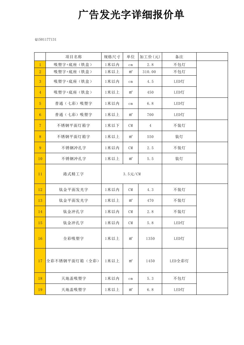 发光字工厂报价单