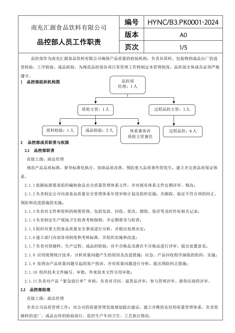 食品饮料有限公司品控部人员工作职责