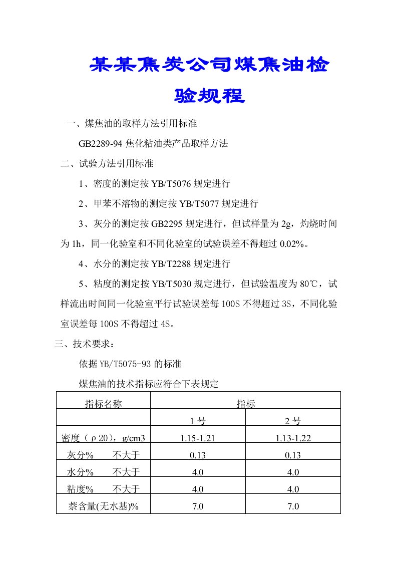 某某焦炭公司煤焦油检验规程