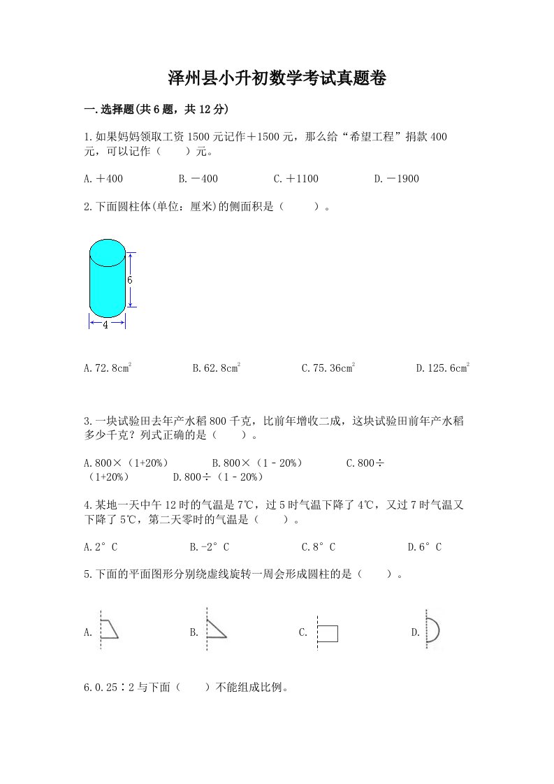 泽州县小升初数学考试真题卷推荐