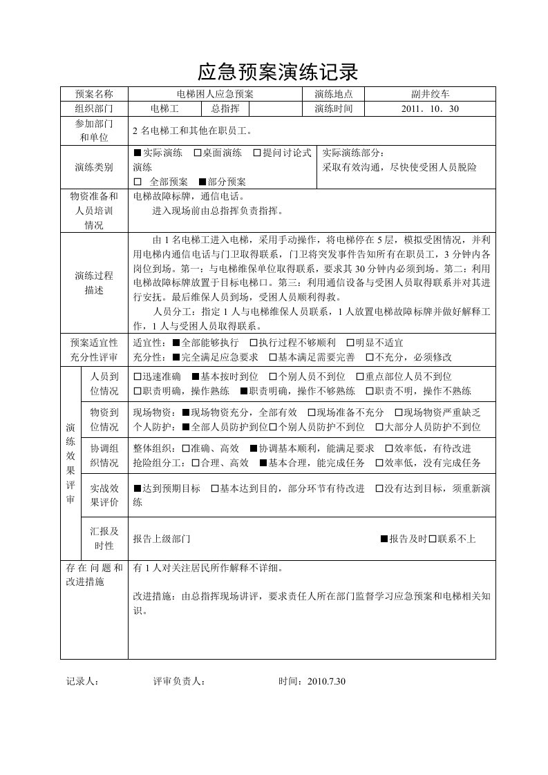 电梯应急预案演练记录