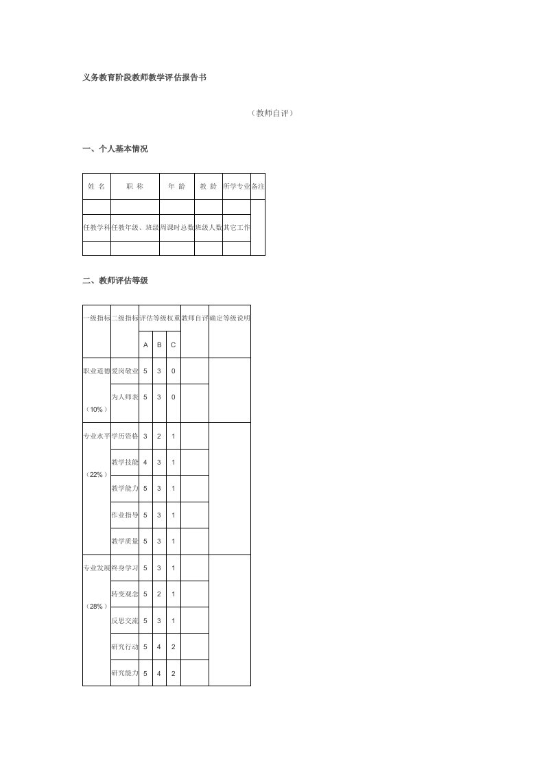 义务教育阶段教师教学评估报告书