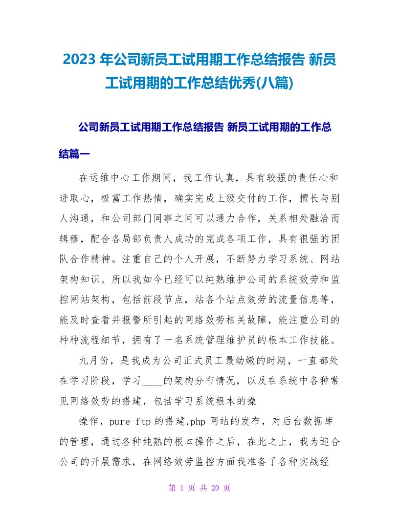 2023年公司新员工试用期工作总结报告新员工试用期的工作总结优秀(八篇)