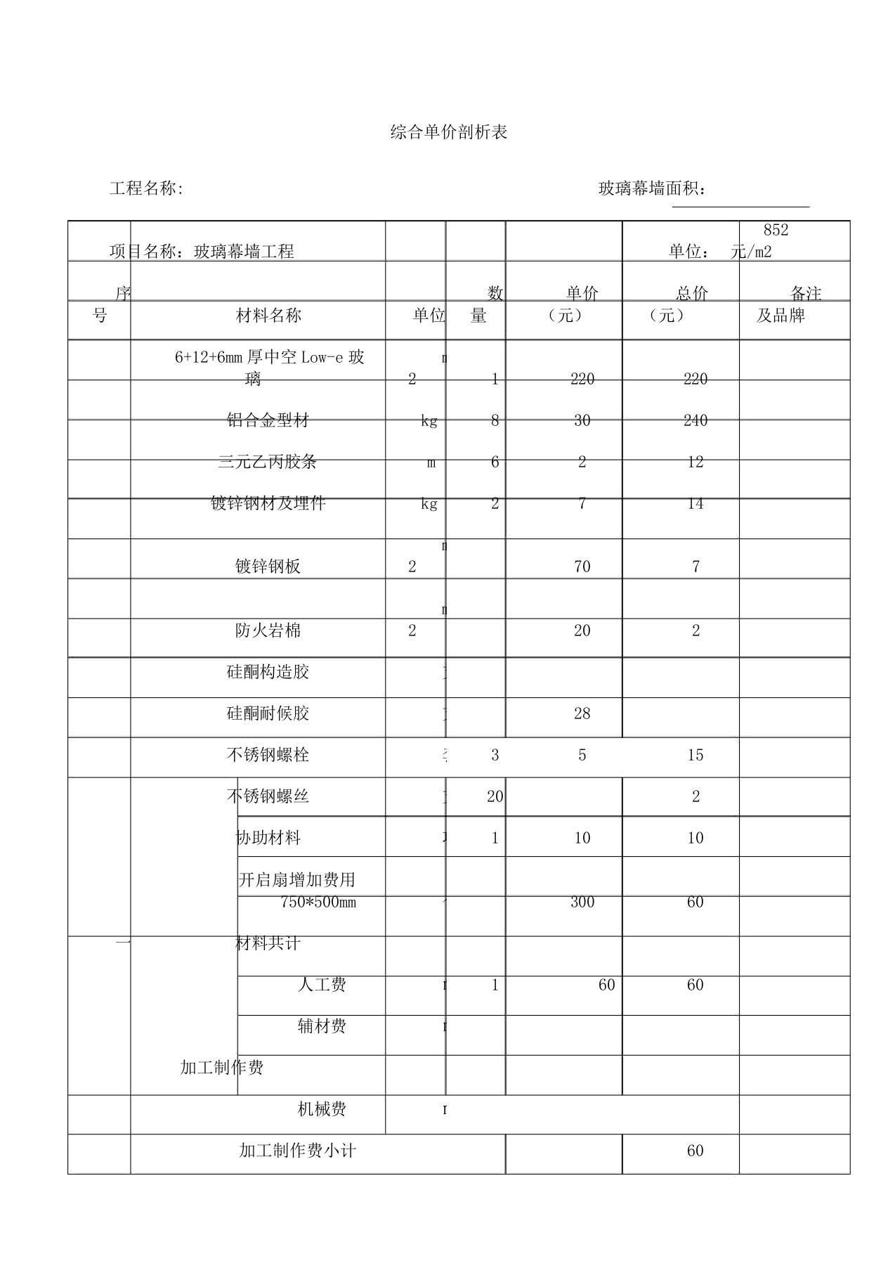 玻璃幕墙综合每平米报价单