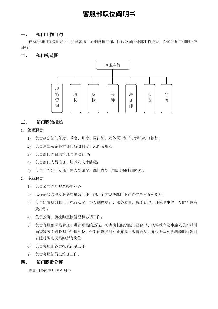 移动公司客服部岗位说明书