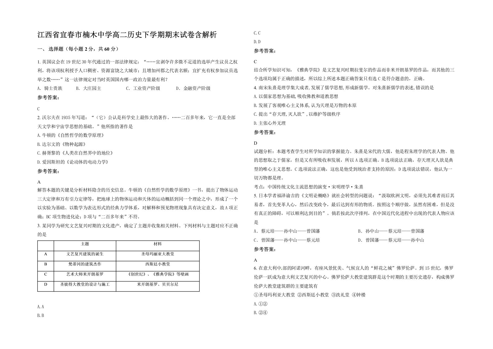 江西省宜春市楠木中学高二历史下学期期末试卷含解析