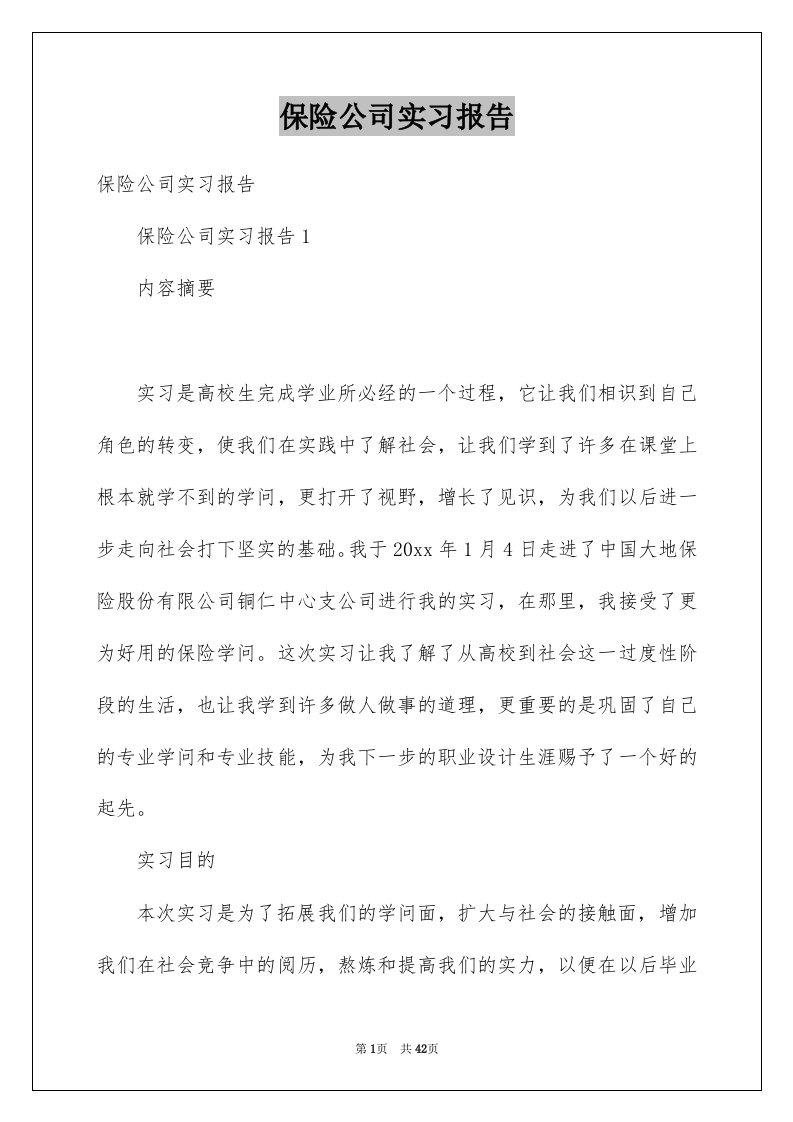 保险公司实习报告例文1